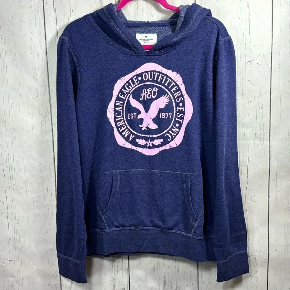 American Eagle Outfitters Logo Hoodie Pullover Blue Casual Cozy Loungewear Y2K